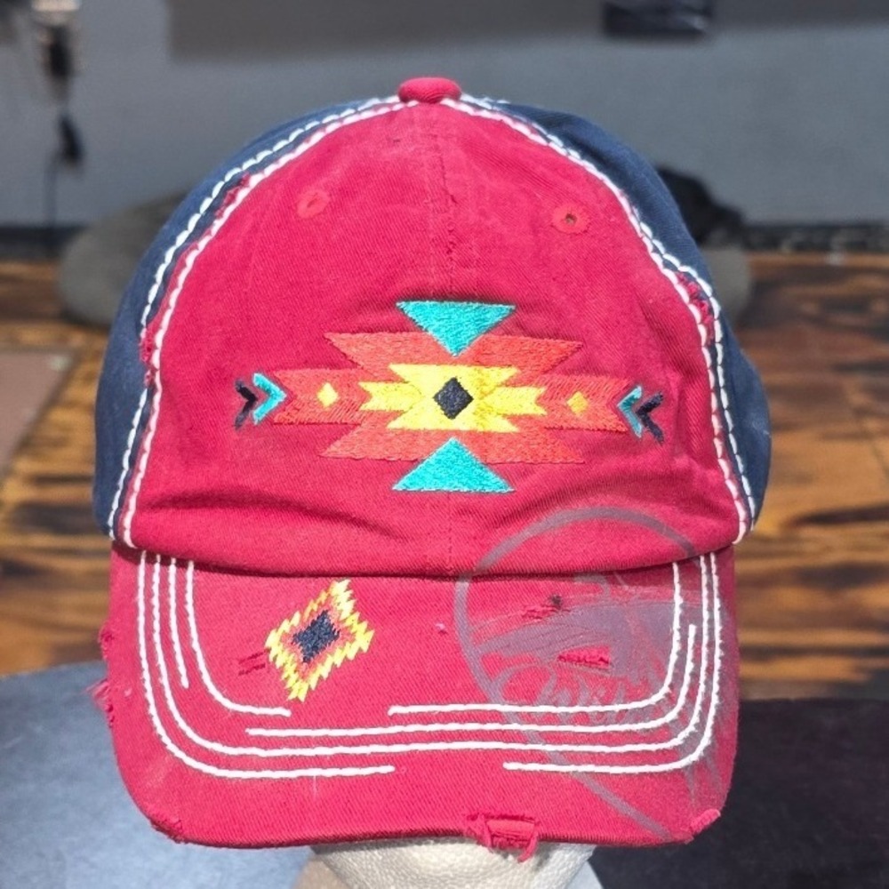 Catchfly Southwestern Embroidered Distressed Baseball Cap Red Navy Blue Hat‎